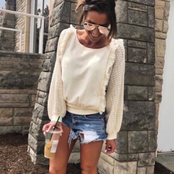 Free People Faff & Fringe Pullover Sweater Cream Crotchet - Picture 14 of 14